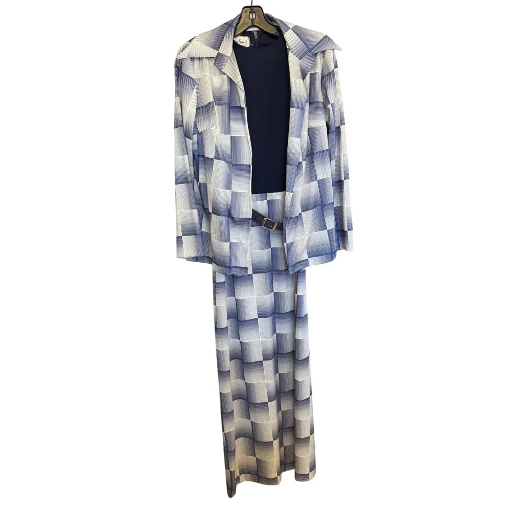 Vintage Mod 1970s Bleeker Street Maxi Dress Jacket Navy Blue Geometric Womens 12 - Picture 8 of 16